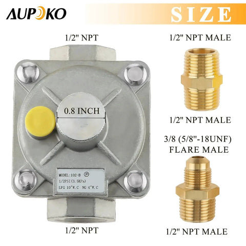 Half Inch Gas Pressure Regulator for Natural Gas and LPG with two brass NPT adapters and dual regulation modes in packaging.