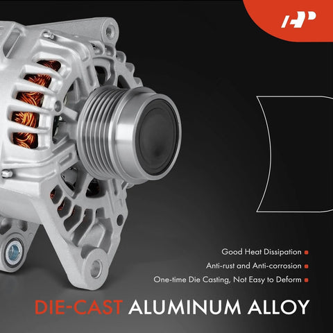 Premium Beefed Up Alternator Compatible With Hyundai Elantra Elantra Coupe Elantra GT 2013 Kia Forte Rondo 2014 2016 Soul 2012 2013 12V 120A 6 Groove Decoupler Pulley CW 3 Pins Start Stop And Non Start Stop Vehicles - side view showing aluminum alloy and pulley