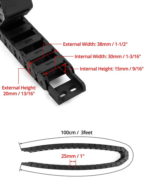 Beefy Semi Enclosed Drag Chain Cable Carrier 4 Pack 1 Meter Length with end connectors, black R28 radius, 15x30mm inner size dimensions shown.