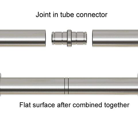 Close-up of Integrated Soft Close Sliding Barn Door Hardware Kit in Brushed Stainless Steel showing tube connector joint