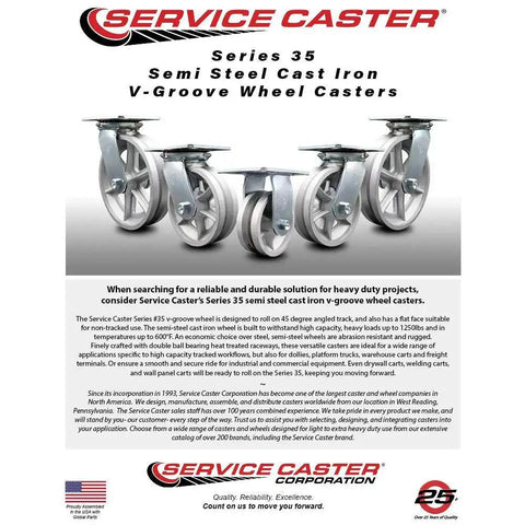 Heavy Duty Large Top Plate V Groove Semi Steel Swivel Caster With An 8 Inch By 2 Inch Silver Wheel And 1250 Lb Capacity Per Caster For Industrial Carts Dollies And Material Handling Workhorse By Service Caster Brand