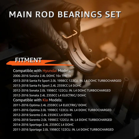 Main And Rod Bearing Set Replacement For Hyundai And Kia 2.0L 2.4L GDI Turbo Engines fitment details.