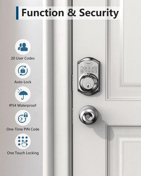 Front view of Keyless Entry Door Lock With Keypad And Auto Lock, Smart Deadbolt For Front Door, Satin Nickel Finish installed