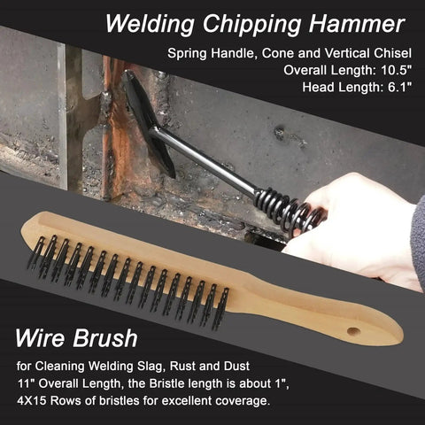 Complete MIG Welding Tool Set With Chipping Hammer And Leather Gloves 13.5 Inch Soapstone Holder 50Lb Welding Magnets Welpers Pliers MIG Nozzle Reamer And Wire Brush For Metal Fabrication showing chipping hammer and wire brush.
