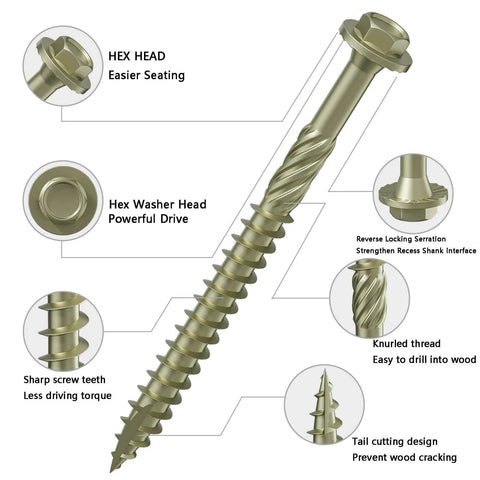 Detailed image of one pound pack of 12 gauge exterior lag screws, 2 inch length, hex washer head, yellow coating, rust resistant.