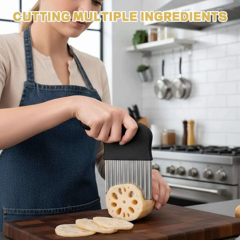 Two Pack Crinkle Cutter Set For Veggies And Waffle Fries being used to slice vegetables on a cutting board.