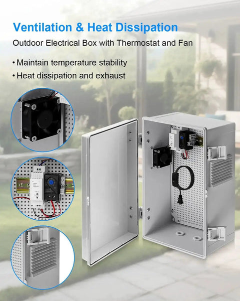 Outdoor Electrical Box With Built In Thermostat And Fan For Easy Temperature Control, Ventilated ABS Enclosure, Grey Cover