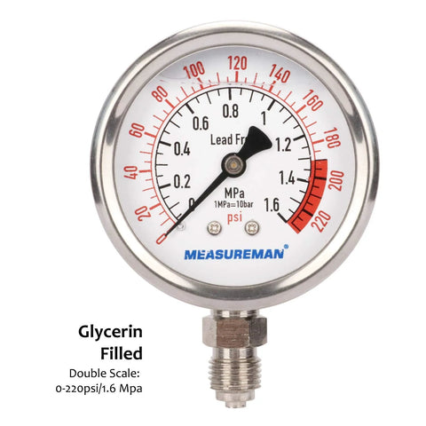 Pressure gauge by MeasureMan, glycerin-filled RO gauge, 2.5 in dial, 1/4 in lower mount, 0-220 psi, stainless steel case