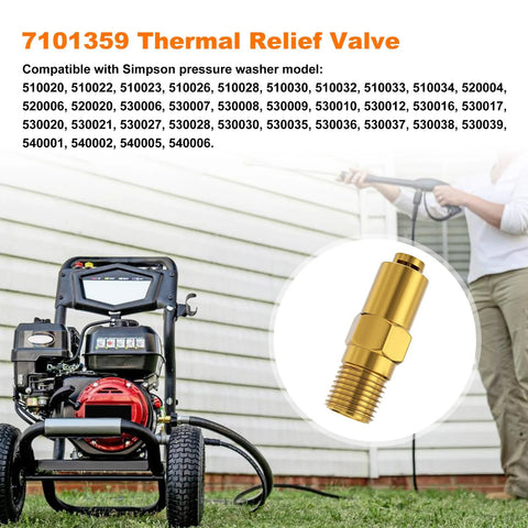 Brass thermal relief valve, 1/4 in NPT, for Simpson gas pressure washer pumps; shown beside a portable washer.
