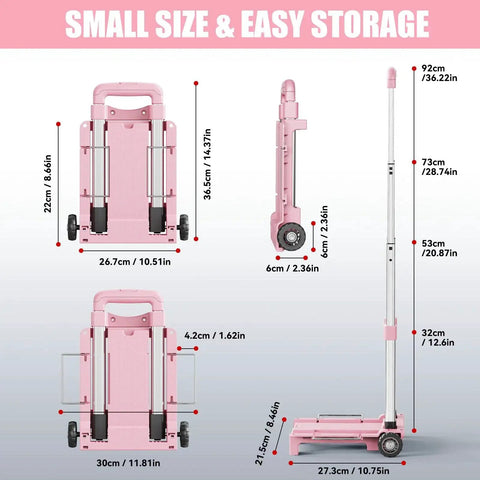 Dimensions of ultra lightweight foldable hand truck dolly with dual wheel tank wheels and expandable base plate in pink