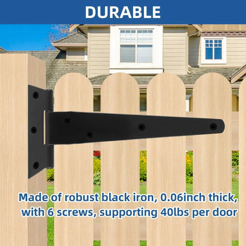 Side view of installed black iron T Strap Barn Door Hinges Heavy Duty 5 Inch Black Iron Gate Straps For Barn Shed Fence Doors