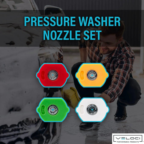 Bulk Stainless Steel Pressure Washer Nozzle Tips Set For 5000 PSI Quick Connect Fittings One Quarter Inch 0 15 25 40 Degree Tips For Guns Wands Lances Commercial Grade 4 Pack MTM Hydro on display with red, yellow, green, and white tips.