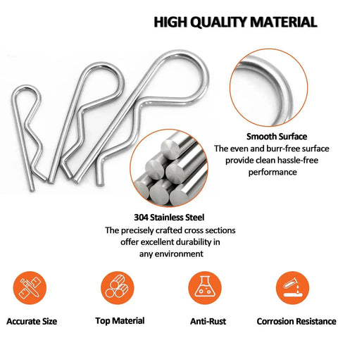 250 Piece Cotter Pin Hairpin R Clips Assortment Kit Beefy Heavy Duty Zinc Plated Steel Spring Fasteners Hitch Pins Clips Locking Set For Machinery Automotive And DIY Projects. Close-up view showing smooth surface and stainless steel construction for corrosion resistance.