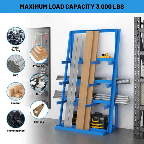 Vertical Bar Rack Heavy Duty Steel Storage Shelf For Long Parts And Lumber In The Garage Basement 3000 Lb Capacity Upright Shelving Pipe Organizer Pro Grade Shop Organizer Beast holding various materials