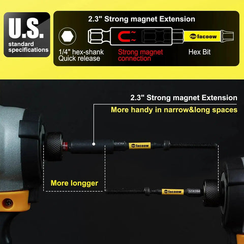 21 Piece Pro Grade Impact Hex Bit Set For Tools With 2 Inch Long SAE And Metric S2 Tool Steel Allen Wrench Bits Magnetic Tips CNC Machined One Quarter Inch Hex Shank Bits With Bit Holder And Storage Box showing 2.3-inch strong magnet extension and U.S. standard specifications