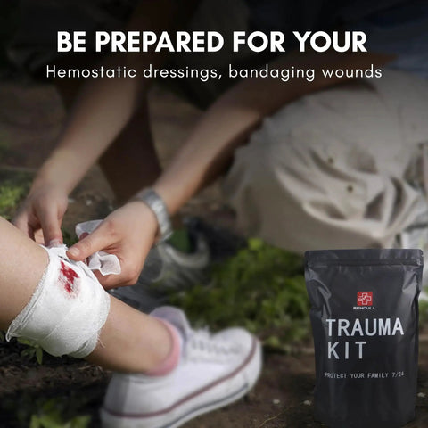 Person bandaging wound with Compact Emergency Trauma Refill Kit IFAK Style With Israeli Bandage And 6 Inch Chest Seal