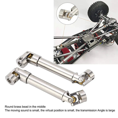 Beefy Stainless Steel RC Drive Shaft M4 2 Pack For 1/10 Scale Crawlers with Universal Six Tooth Spline Brass Ball End 91mm shown next to RC vehicle.