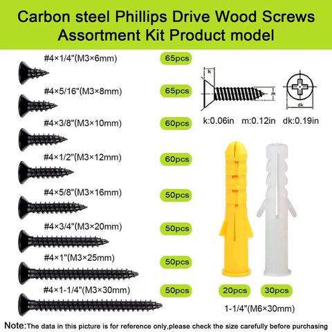 Wood Screws Assortment Kit With 500 Phillips Drive Black Flat Head Screws In Eight Sizes From 1/4 Inch To 1-1/4 Inch Plus 50 M6 Anchors, Bulk Set For Quick Wood Projects, Strong Hold, Easy Fit And Versatile Hardware. Product image showing screws and anchors in multiple sizes.
