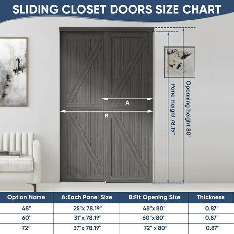 Double K Shape Sliding Closet Door 48 By 80 Inches With Hardware Kit And Matching Fascia, Solid Wood Slab With Waterproof And Scratch Resistant PVC Surface, Preassembled For Easy Install, Gray shown in size chart