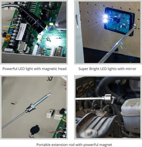 LED magnetic pickup tool set with telescoping mirror and magnetic tips in use retrieving items from engine and circuit components.