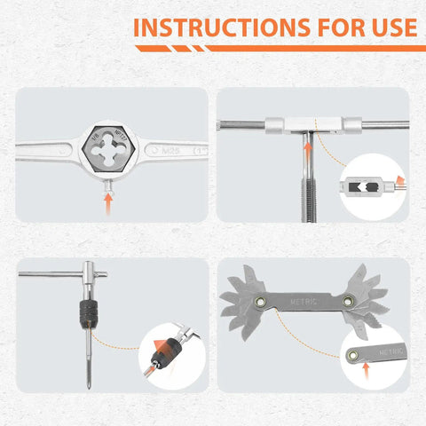 Instructions for using 40 Piece Metric Tap And Die Set With Coarse And Fine Threads M3 Through M12 Includes Handles Accessories And Case Pro Grade GCr15 Bearing Steel And Precision CNC Machined Teeth For Reliable Thread Repair And Maintenance, showing various operational steps with tools.