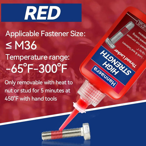 Image showing red high-strength thread locker on a bolt with text about application and removal on an information card.