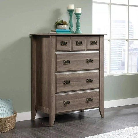 Dresser with Vintage Drawer Ring Pull Handles 4 Pack With Hidden Screws in Antique Pewter Zinc Alloy, shown in a bedroom setting.