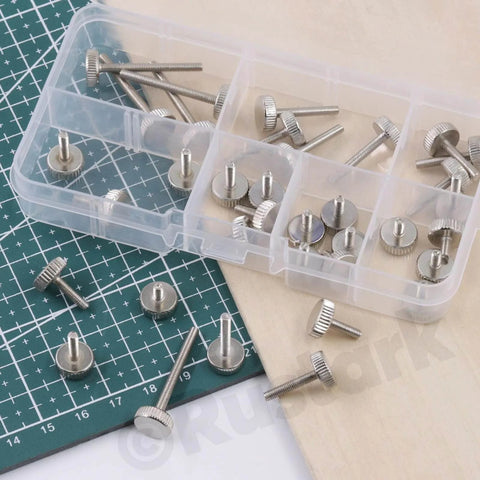 35Pcs M3 Nickel Plated Knurled Thumb Screws Set In 7 Sizes M3x6mm to M3x30mm shown in storage box and scattered on surface