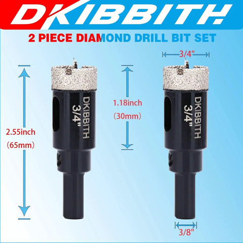 Image of two DKIBBITH 3/4 inch diamond hole saws with pilot bits for porcelain tile, granite, and glass bottles. Includes measurements.