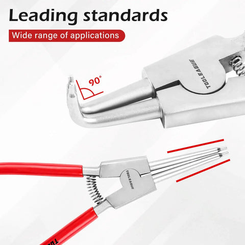 Close-up of 4 Pack Snap Ring Pliers Set with Circlip Pliers for Internal and External Rings, showing 7 inch heavy duty bent tips.