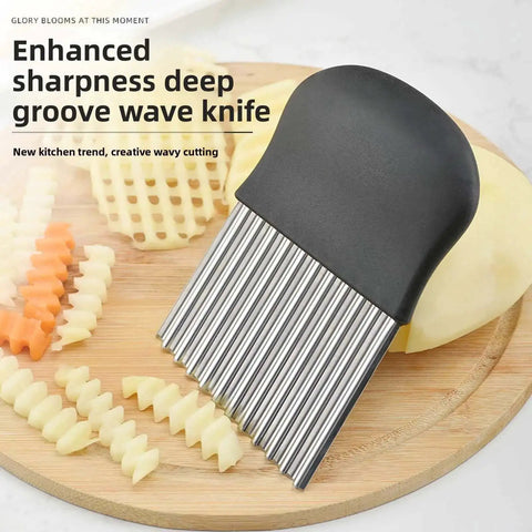 Stainless Steel Crinkle Cutter Wavy Chopper For Potatoes And Carrots French Fry Slicer Pro Grade Kitchen Gadget For Homemade Veggie Fries Durable Silver Finish shown on a wooden cutting board with sliced potatoes.
