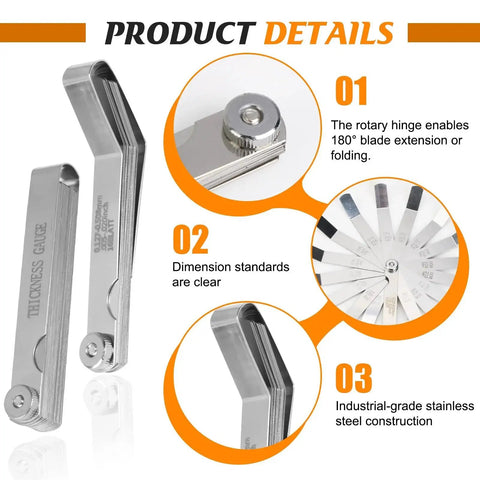 Stainless Steel Feeler Gauge Set With 48 Blades Two Piece Kit Including 16 Angled And 32 Straight Blades Copper Plates Laser Etched