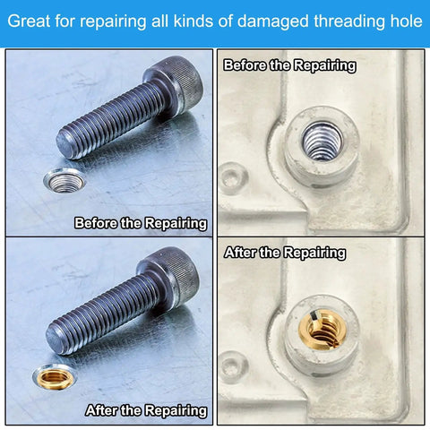 Brass threaded repair insert nut set, 8 pcs, M6xM4x20mm; collage shows before and after repair with installed sleeve.