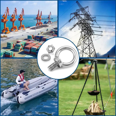 Collage featuring Ten Piece M6 Eye Bolts With Nuts Stainless Steel Lifting Eyebolts and their uses in marine, rigging, hoisting, and industrial projects.