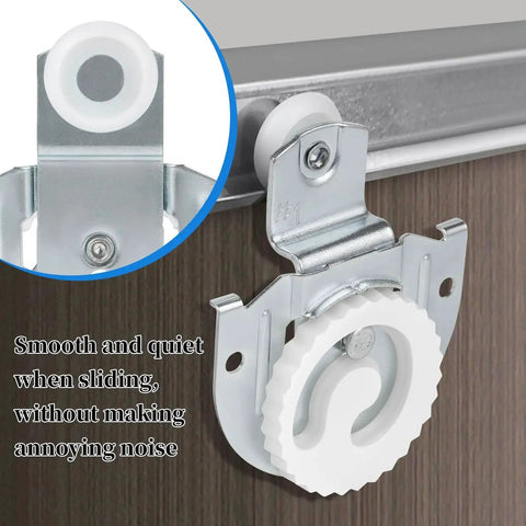 Sliding Closet Door Hardware Set 4 Pack Includes All Necessary Rollers Knobs Screws And Adjustable Hooks For Two Wood Doors Durable Galvanized Steel Construction With Round Recess Finger Pulls And Dual Floor Guide For Smooth Operation close-up view