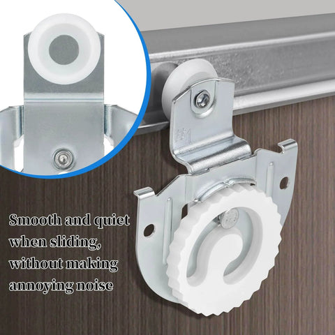Close-up of 8 Pack Sliding Wardrobe Door Hardware Kit with roller wheels on galvanized steel for smooth door operation.