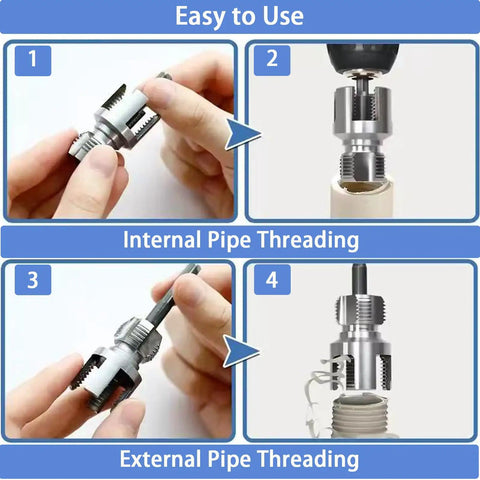 2026 New Pipe Tapping And Threading Tool For PVC Pipes One Half Three Quarter And One Inch Sizes Pro Grade Carbon Steel Dual Function Internal And External Threader in use, step-by-step process