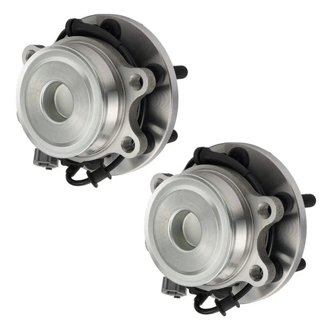 Front Wheel Hub Bearing Assembly 2 Pack Replacement For Nissan Frontier 2005 Through 2023, Pathfinder 2005 Through 2012, Xterra 2005 Through 2015, Suzuki Equator 2009 Through 2012 RWD, showing two metal hub assemblies for front axle use.