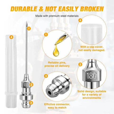 Grease Gun Tips Kit With One Eighth Inch NPT Threaded Grease Needle Tips And Five 18G Detachable Injector Needles product features