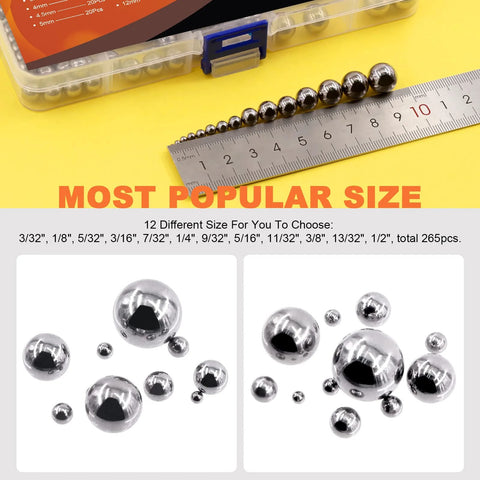 Tanstic precision steel ball bearing assortment set, 16 sizes 1-12mm, 330pcs in clear case.