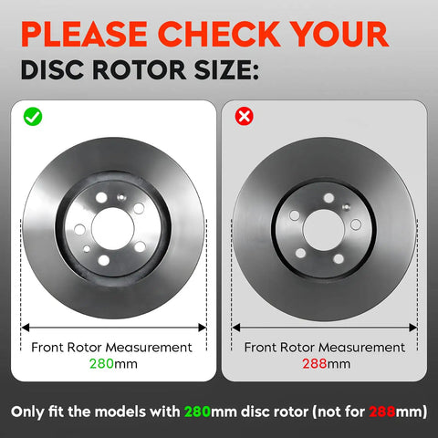 Diagram showing comparison between a 280mm and 288mm front rotor for Front Steering Knuckle And Wheel Bearing Hub Assembly For Beetle, Golf, And Jetta With 280mm Rotor Left And Right Sides Direct Fit Aftermarket Replacement Replaces 1J0498465 And 1J0615 Fits Beetle 1998-2010 Golf 1999-2006 Jetta 1999-2005