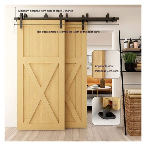 Bypass Sliding Barn Door Hardware Kit For Double Doors With J Shaped Rollers, installed in a living space view