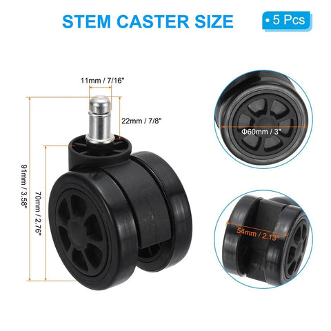 3 Inch Office Chair Wheel Replacement 5 Pack With 7/16 Inch By 7/8 Inch Universal Stem Suitable For Wood Floors And Carpet 154 Lb Load