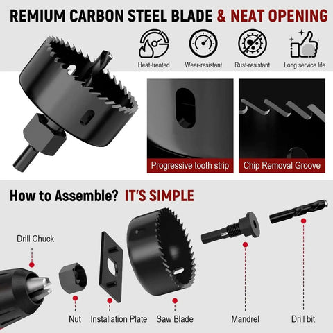 Twelve-Piece Hole Saw Kit With Eight Sizes From Three-Quarters Inch To Two And A Half Inches Including Arbors, Drill Bits, And Hex Key, Built Tough For Softwood Plywood And PVC, Great For DIYers And Pros At Home Or On The Job, showing assembly instructions and close-up of saw blade teeth.