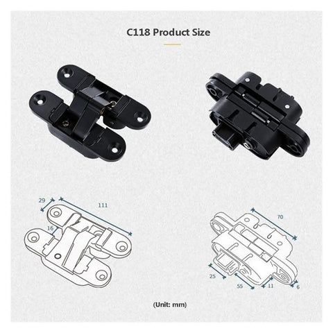 Diagram and photo of Three Dimensional Invisible Door Hinges For Wooden Doors That Fold And Hide With 180 Degree Inside And Outside Opening Hidden Hinges In Gold Finish Right Open By Youngran showing dimensions and features.