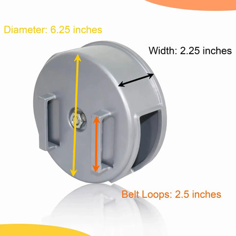 6.25 Inch Aluminum Tie Wire Reel Coil Holder Wheel with belt loops and knob, side view showing measurements