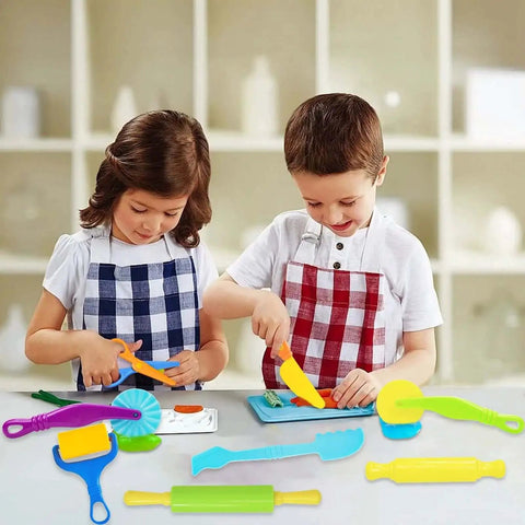 Children playing with Creative 9 Piece Dough Tool Set For Kids Ages 4 To 8 With Colorful Cutters Rolling Pins Plastic Scissors and Knife