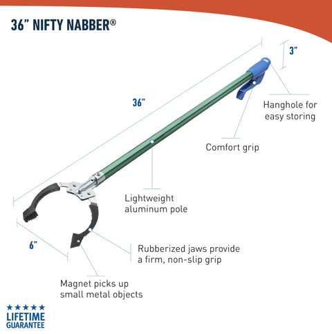 36 Inch Nifty Nabber Reacher Grabber Tool For Easy Yard Cleanup And Trash Pickup With Built In Magnet And Ergonomic Grip Outdoor Claw Pickup For Seniors Mobility Aid And Hard To Reach Items Unger, featuring lightweight aluminum and rubberized jaws.
