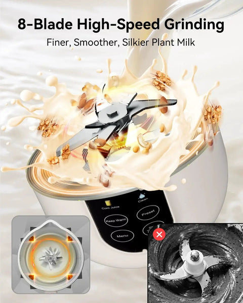 Front view: IAGREEA 10-in-1 nut milk maker, white base, BPA-free stainless steel lid, 35oz capacity.