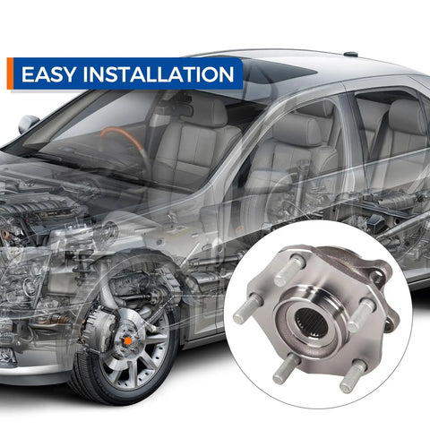 Front Wheel Bearing Hub Assembly 513357 Direct Fit For 2017 2018 Nissan Qashqai, 2014 2023 Nissan Rogue, 2017 2022 Nissan Rogue Sport Replacement Wheel Hub With Plug And Play Easy Install And Smooth Quiet Operation displayed next to a transparent car model.